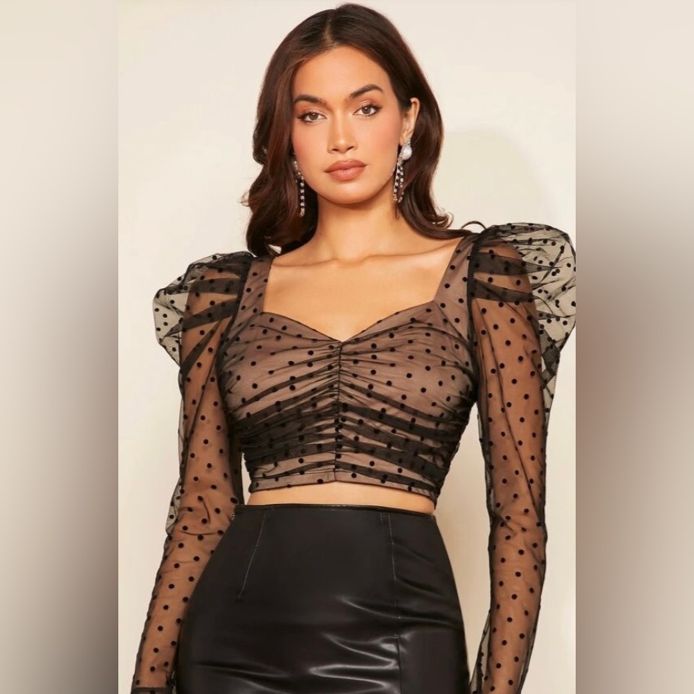 Polka Dot Mesh Crop Blouse